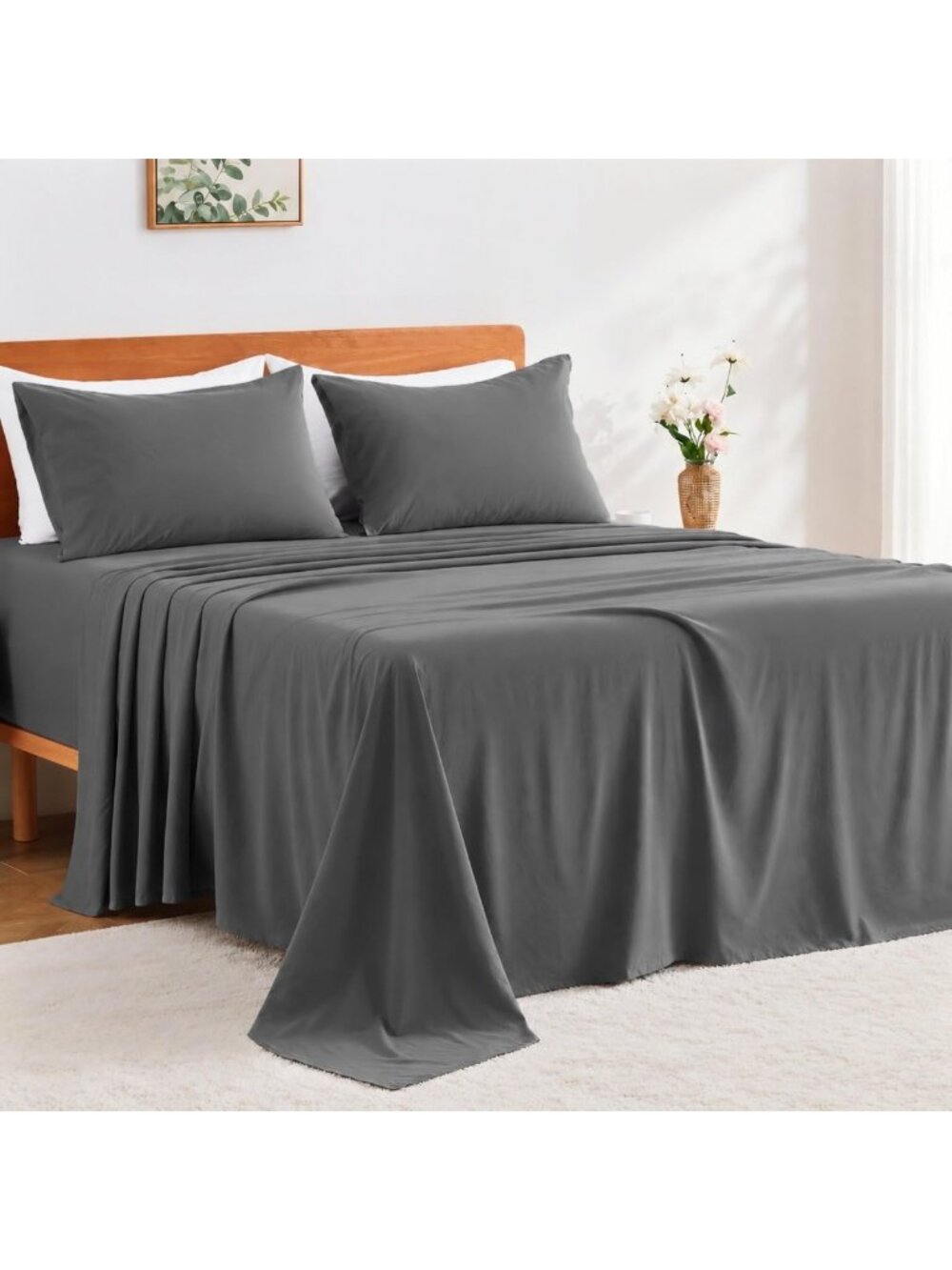 Cozy 4-Piece Queen Sheet Set - Soft, Breathable Fabric - Dark Grey Bedding